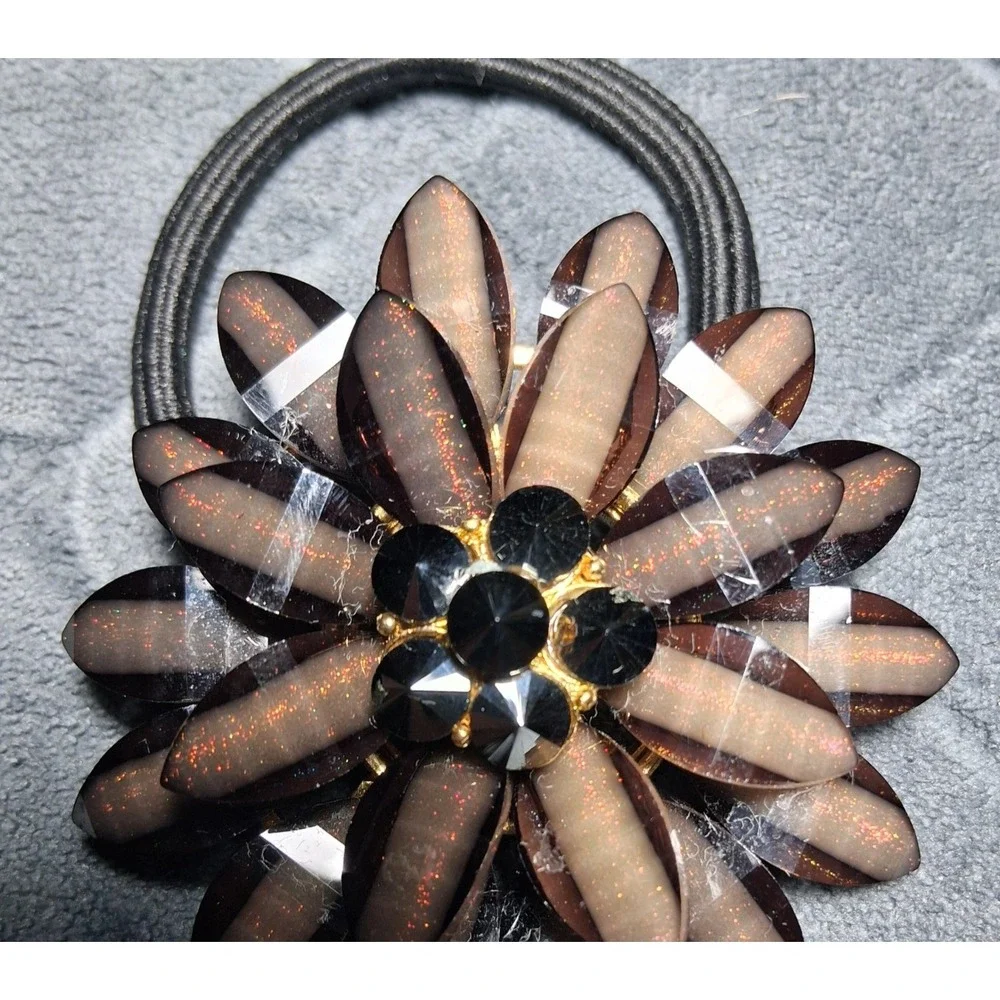 Chic Smoky Brown Glitter Flower Crystal Hair Tie Ponytail Holder Gold Tone Base